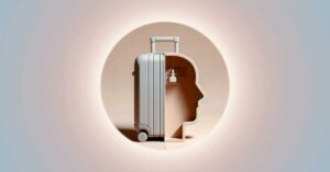 The first half symbolizes luggage limitations in flight travel with a single suitcase and a weight limit tag, emphasizing physical constraints. The second half represents the metaphorical 'luggage of thoughts' in our minds, depicted by a simple outline of a head with symbolic lines or shapes inside, indicating mental and emotional load.