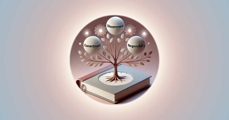 The central object is a tree growing out of a book, symbolizing knowledge and growth. The tree has three branches, each labeled with 'discernment', 'commitment', and 'responsibility'. The branches are blossoming with small, glowing orbs representing miracles.