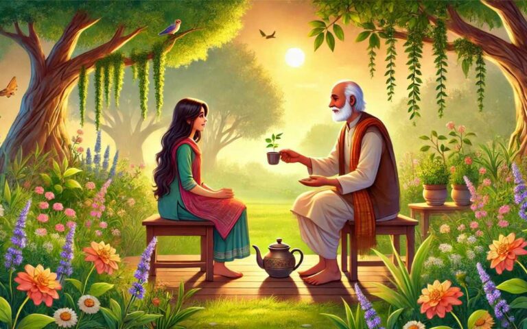 Raghav offering herbal tea to neha in his serene garden
