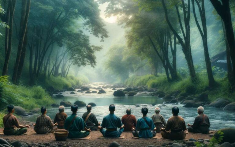 Villagers sitting in a serene clearing by a sparkling river, experiencing calm and tranquility