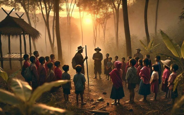 Villagers standing at the edge of a forest at sunrise, being instructed to follow in silence