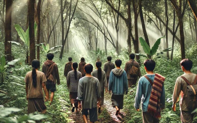 Villagers walking in silence through the dense forest