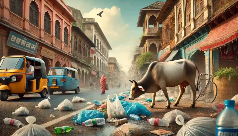 Here is a realistic depiction of plastic pollution on indian streets, highlighting the impact on the ecosystem. The scene shows the harmful effects of plastic bags on animals and the environment. If you need any further adjustments or additional details, feel free to let me know!